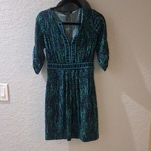 BCBG Blue and Green Patterned Long Sleeve Dress